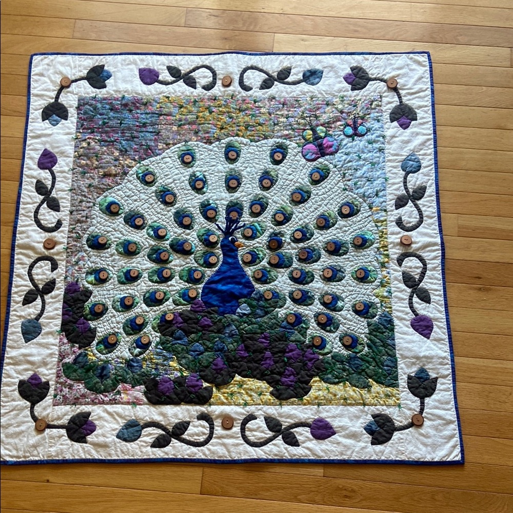 Vintage Hand Crafted Peacock Quilt 39” x 39”